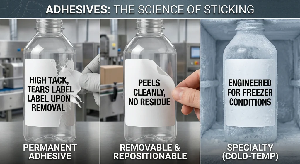 B2B photograph demonstrating permanent, removable, and cold-temp adhesives on plastic packaging bottles.