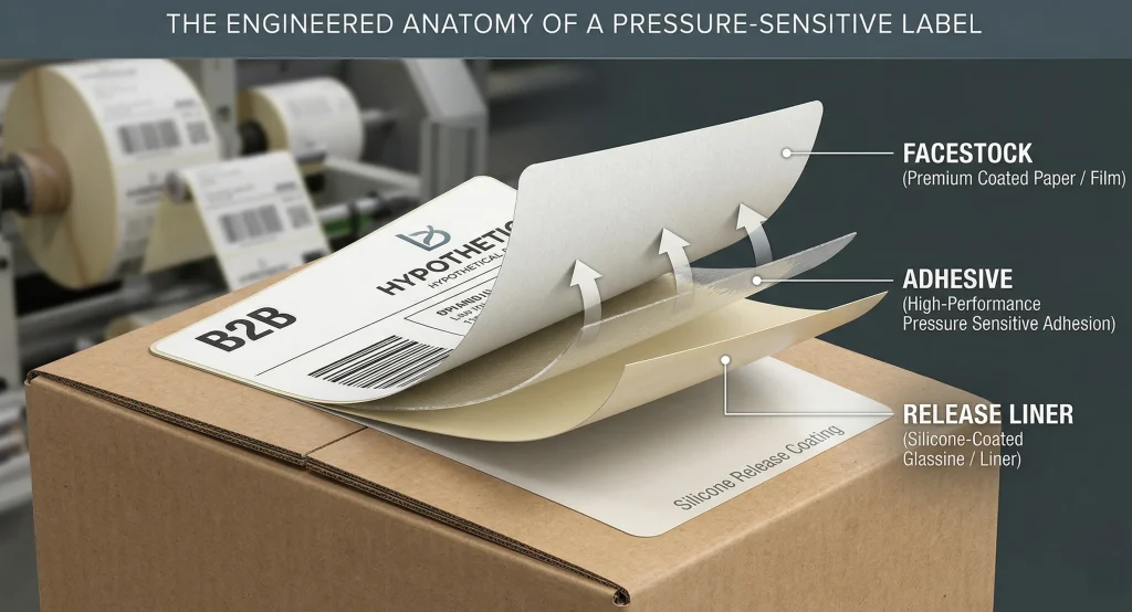 Technical infographic diagram illustrating the engineered layers—facestock, adhesive, and release liner—of a pressure-sensitive label. Self-Adhesive Packaging Materials