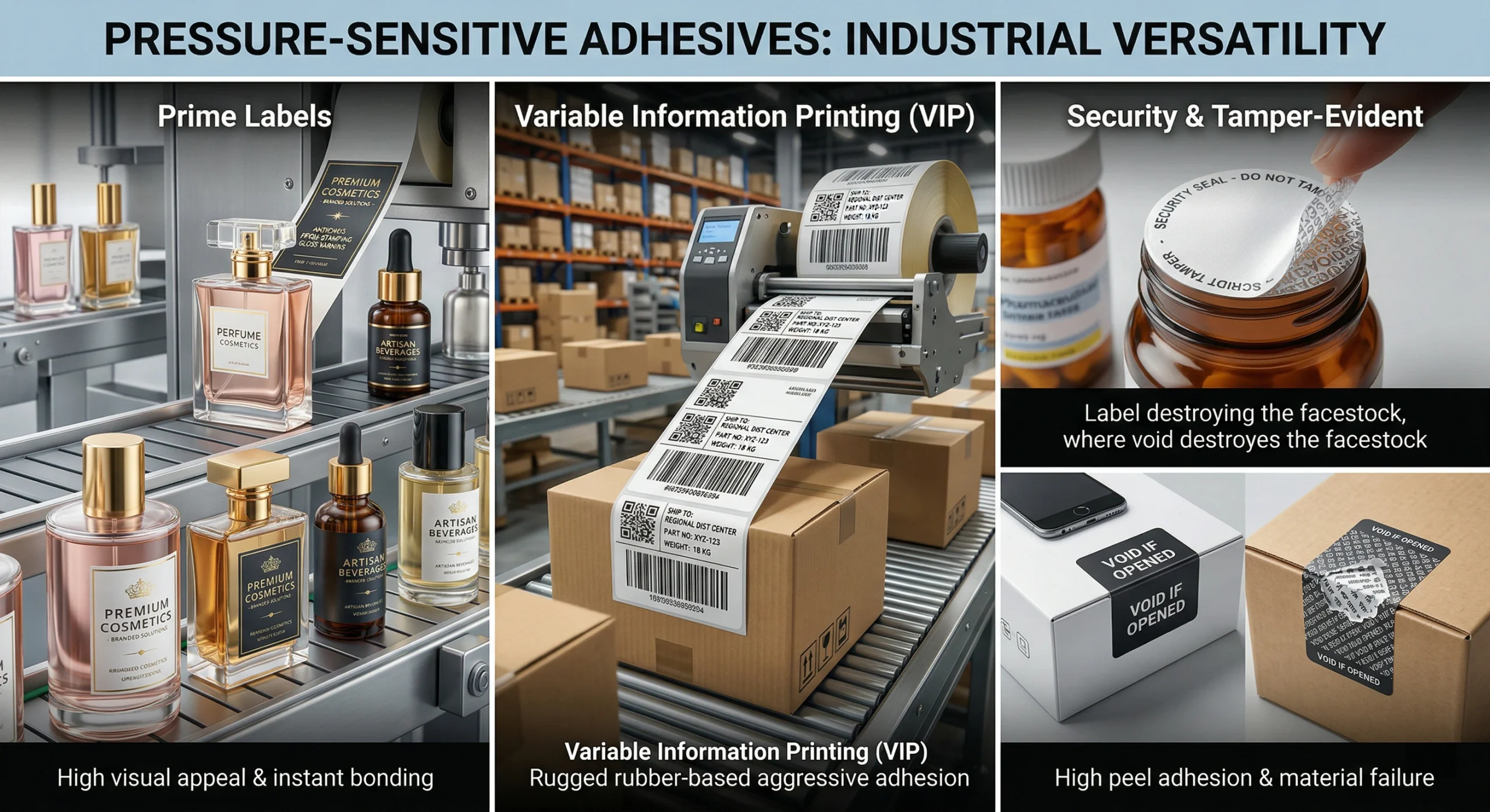 Professional photograph showing three industrial PSA applications: cosmetic prime labels, barcode shipping labels, and tamper-evident security seals.