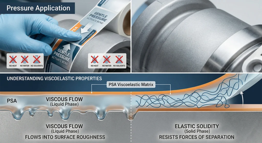 Industrial micrograph and diagram illustrating pressure-sensitive adhesive viscoelastic properties and pressure application on labels.