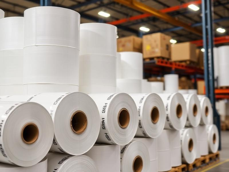 High-speed semi-gloss art paper label rolls on production line for global wholesale and commercial printing distribution.