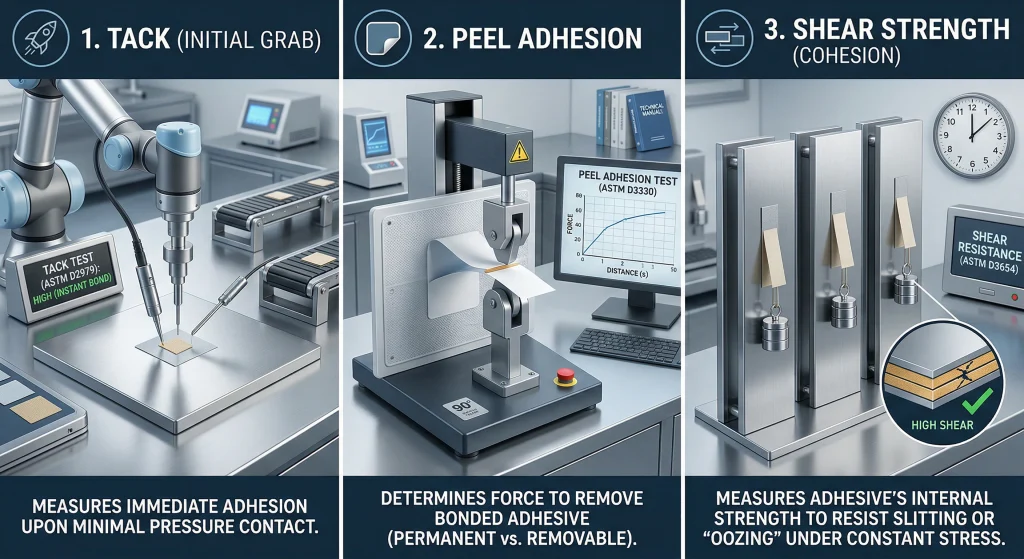 Professional photograph demonstrating lab tests for Tack, Peel Adhesion, and Shear Strength on pressure-sensitive adhesives following ASTM standards.