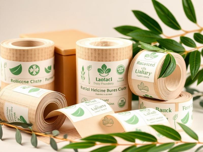 Sustainable eco-friendly kraft paper labels with green leaf branding for organic product packaging and biodegradable labeling solutions.
