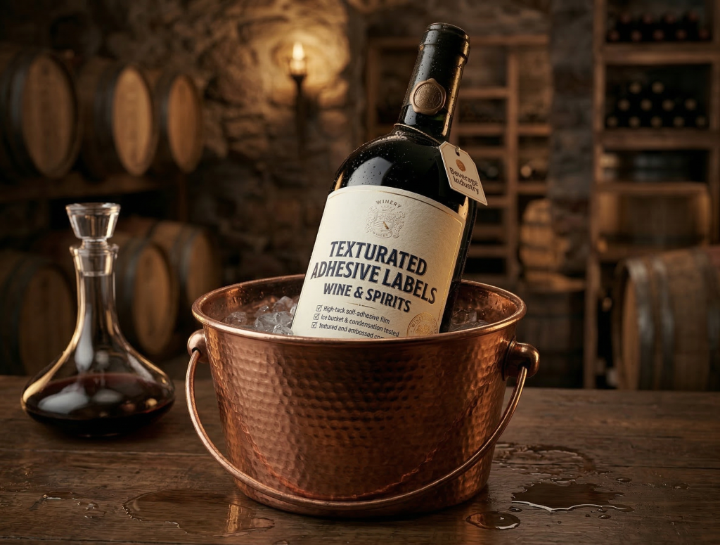 A detailed close-up of a wine bottle with a textured and embossed adhesive paper label, specifically designed for the wine and spirits market. The label text reads 'TEXTURATED ADHESIVE LABELS' and features a features list. The bottle sits in a copper ice bucket with ice and condensation, demonstrating it is 'Ice bucket & condensation tested'. A 'Beverage Industry' neck tag and blurred wine barrels are visible in the background.