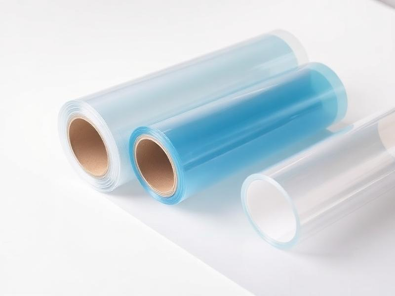 Waterproof transparent and blue BOPP synthetic film rolls for industrial chemical and cosmetic product labeling applications.