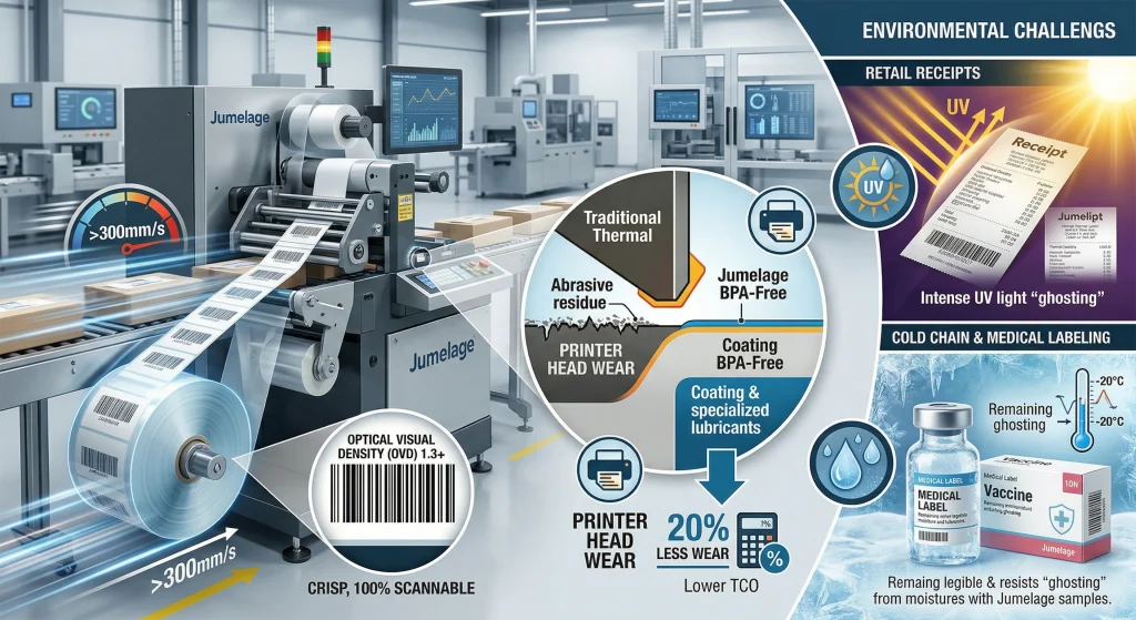 A technical infographic and photographic image illustrating the performance benefits of Jumelage BPA-free thermal rolls, including OVD 1.3+ at 300+ mm/s, low abrasivity for 20% reduced head wear, and environmental shielding for cold chain and medical labeling.