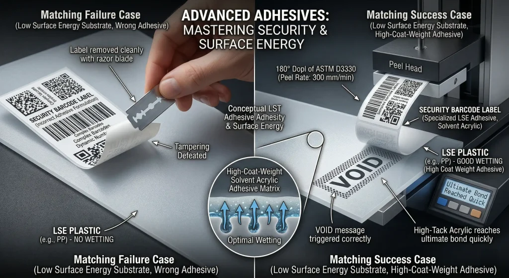 Advanced Security Barcode Label peel adhesion testing on LSE Polypropylene, demonstrating VOID message activation and ASTM D3330 compliance.