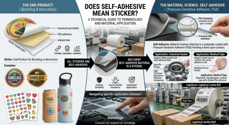 Close-up photograph of a jumbo self-adhesive roll producing industrial die-cut stickers in a B2B setting.