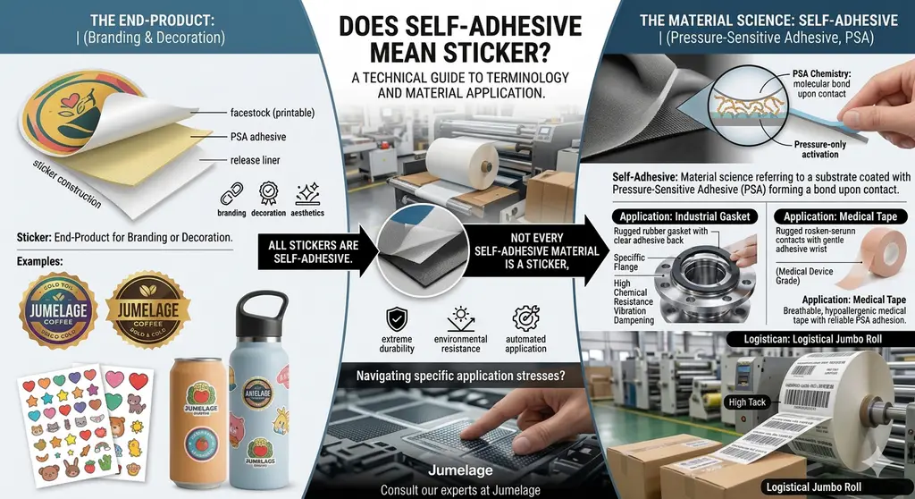 Close-up photograph of a jumbo self-adhesive roll producing industrial die-cut stickers in a B2B setting.