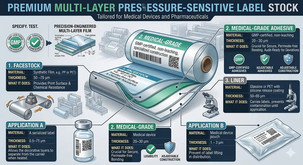Detailed cross-section showing GMP-certified medical label materials with focus on adhesive construction and application.