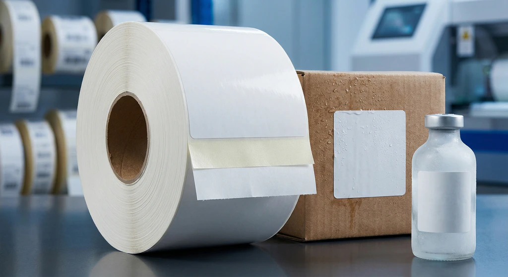 Professional photograph of pressure-sensitive adhesive label rolls, showcasing diverse industrial applications on boxes and vials.
