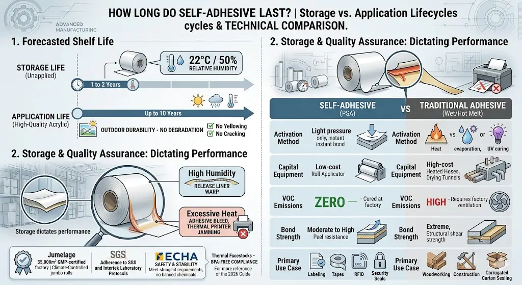A detailed B2B infographic illustrating the shelf life of self-adhesives, showing storage (1-2 years) versus application lifecycles (up to 10 years). It details the negative effects of high humidity and heat on performance, alongside a technical comparison table contrasting pressure-sensitive adhesives with traditional wet/hot melt glues.