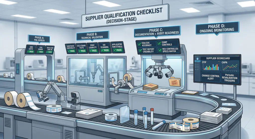 Comprehensive four-phase supplier qualification checklist for pharmaceutical and medical device labeling materials.